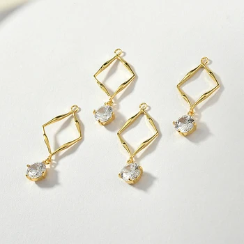 

Copper Plated 18K Real Gold All-match Geometric Rhombus Large Zircon Pendant DIY Ear Stud Necklace Handmade Material 2pcs