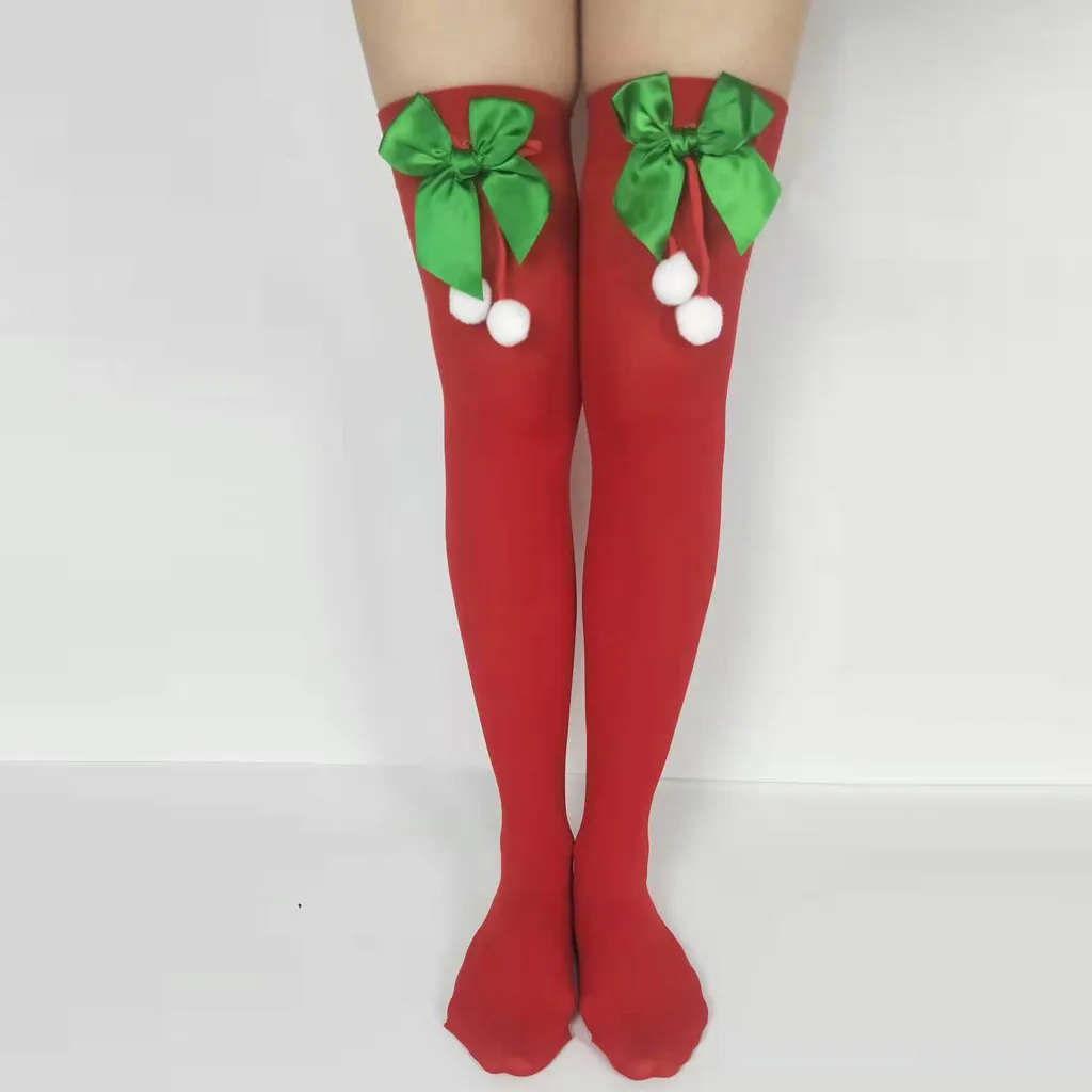 Чулки рождественские, зимние, забавные Женские носочки, сексуальные, одноцветные, с бантом, рождественские, вечерние, гольфы, чулки W1119