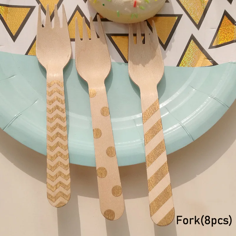 Позолоченные бумажные тарелки, стаканчики для салфеток, соломинки, для свадьбы, дня рождения, вечеринки, декор для девочек и мальчиков, одноразовые столовые приборы - Цвет: Fork 8pcs