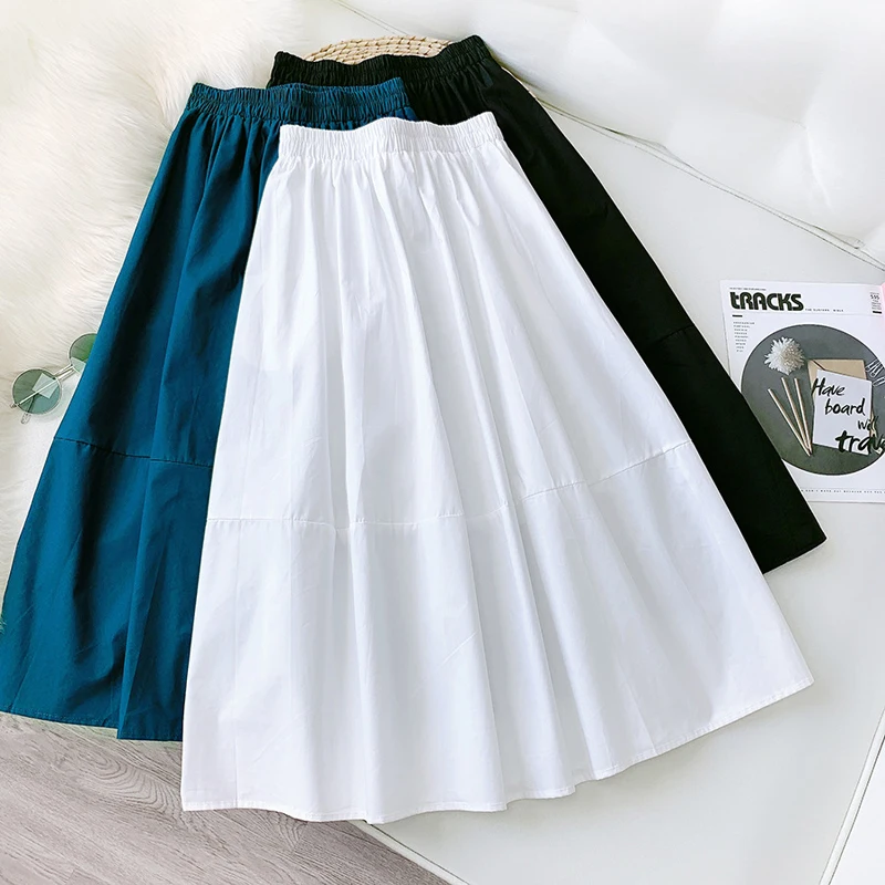 

Wasteheart Aututmn New Blue Black White Women Skirt High Waist A-Line Long Skirt Mid-Calf Sexy Loose Casual Cotton Skirts