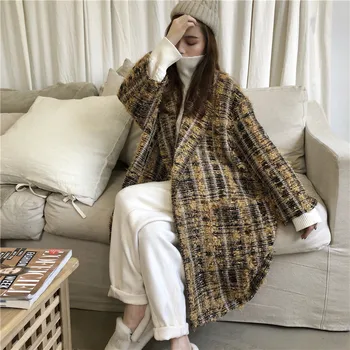 

Winter New Lazy Cocoon-Shaped Tweed Checked Woolen Coat Women's Mid-Length Baggy Coat Cotton-Padded Warm-Keeping