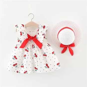 

Baby Girl Dress Summer Bow Hat 2 Piece Set Children's Clothes Sleeveless Cherry Print Birthday Party Princess Dress Baby Clothes
