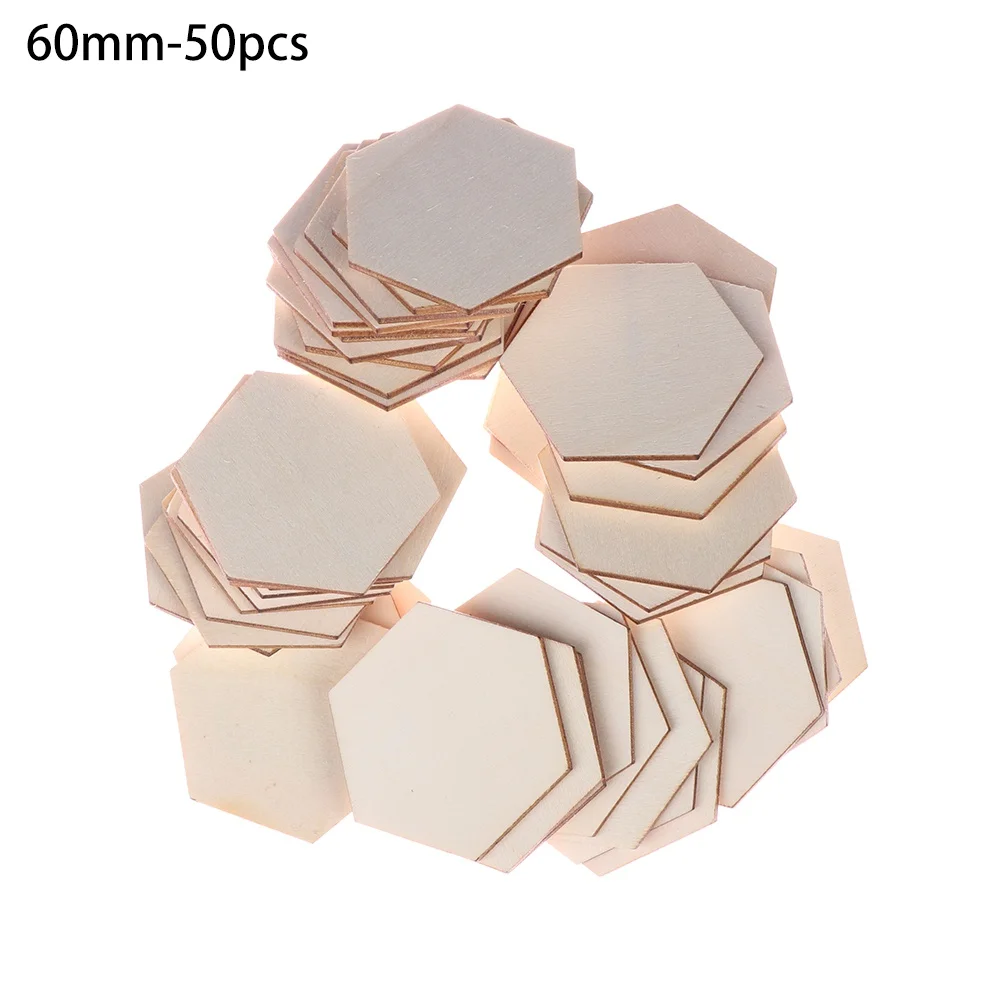 60mm-50pcs 50/100 шт. Новая мода шестиугольная Форма Дерево DIY лазерная резка украшение крафт Свадебный декор украшения деревянные поделки декор - Цвет: 60mm-50pcs