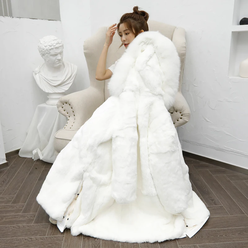 White Rex Rabbit Tcyeek/зимнее пальто из натурального меха, Женская парка из натурального меха кролика Рекс, корейская Толстая теплая куртка, длинная куртка с капюшоном из лисьего меха, PK-9T - Цвет: White Rex Rabbit