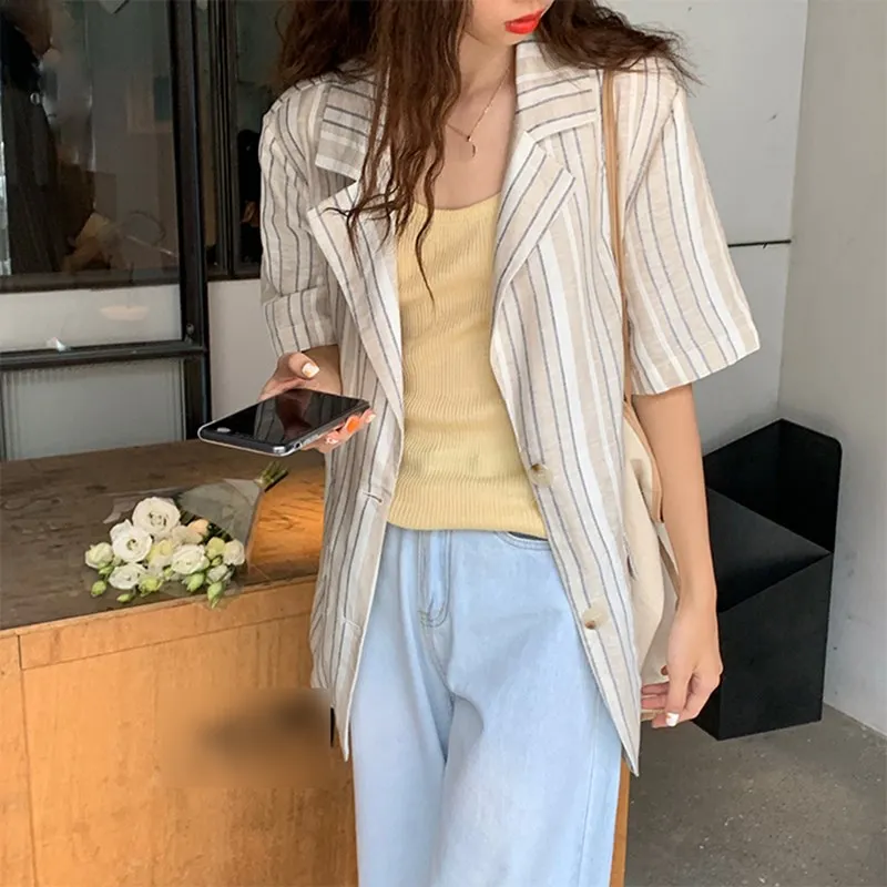 

Spring Autumn Women Korea Casual Office Loose Blazer Plus Size Striped Blazer Coat Cotton Short Sleeve Blazer