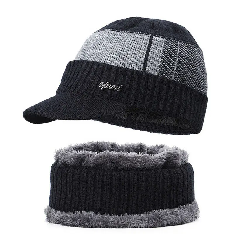 Black hat and scarf Теплые зимние шапки Skullies Beanies из хлопка высокого качества с добавлением меха, шапка для мужчин и женщин, шерстяной шарф, шапка-маска, вязаная шапка - Цвет: Black hat and scarf