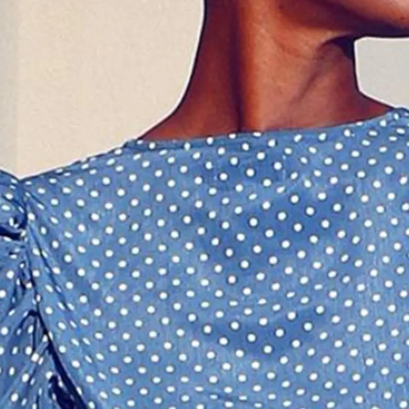 2019 осенний пышный короткий топ с длинным рукавом в синий горошек принтом для