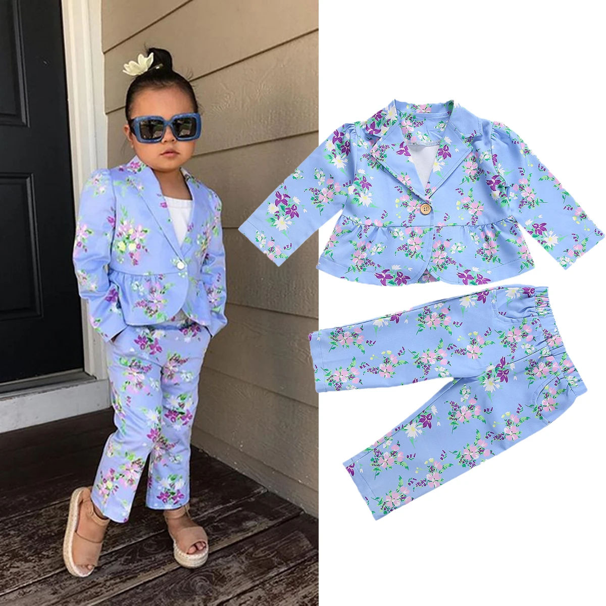 FOCUSNORM 1-6Y Autumn Baby Girls Fashion Clothes Sets Flowers Print Long Sleeve Single Button Blazer Jacket Tops Pants 2pcs | Детская