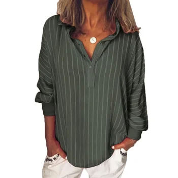 

B 2019 Summer Latest Women's Elegant New Style Fashion Design Shirt Striped Print Long-sleeved Bat Shirt Large Size Loose Shirt