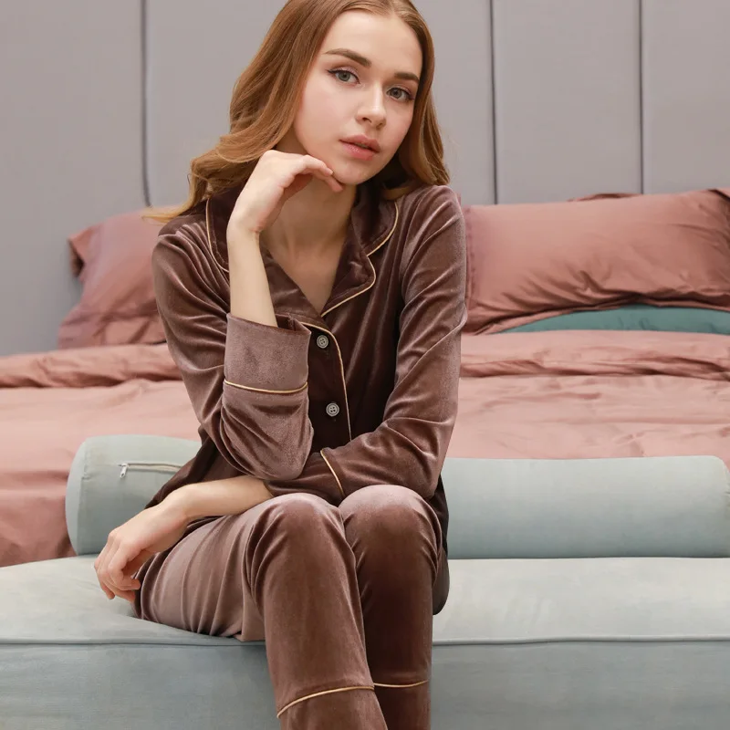 Brown W Парные пижамы, осень, золотые бархатные Модные женские пижамы с длинным рукавом, свободные мужские пижамные комплекты размера плюс, домашняя одежда - Цвет: Brown W