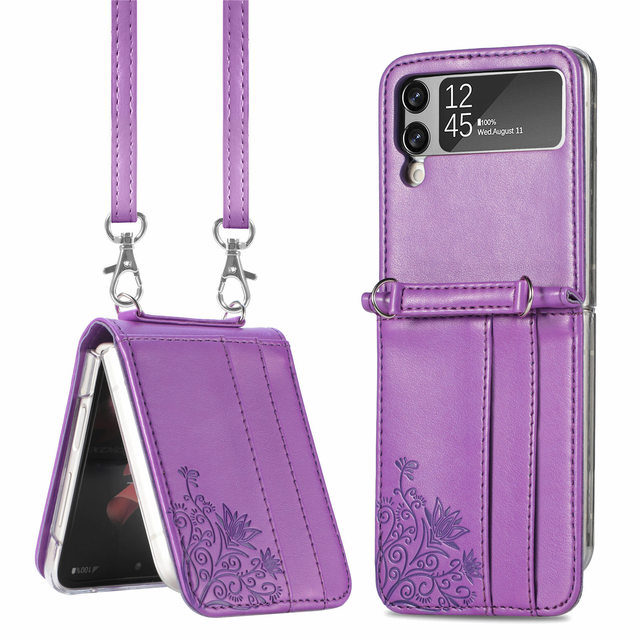With Lanyard With Card Slot Case  PU Leather Case  For Samsung Galaxy Z Flip 3 Case For F7110 Case