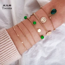 Tocona в богемном стиле 6 шт./компл. очаровательный золотой Браслеты для Для женщин бусины камень монета волна цепь Модные украшения подарок 9142