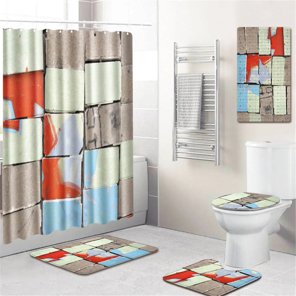 

3D Animal Flower Print Waterproof Shower Curtain PVC Non-slip Bath Mat Toilet Carpet Rug Floormat Bathroom Curtain Hook 5pcs