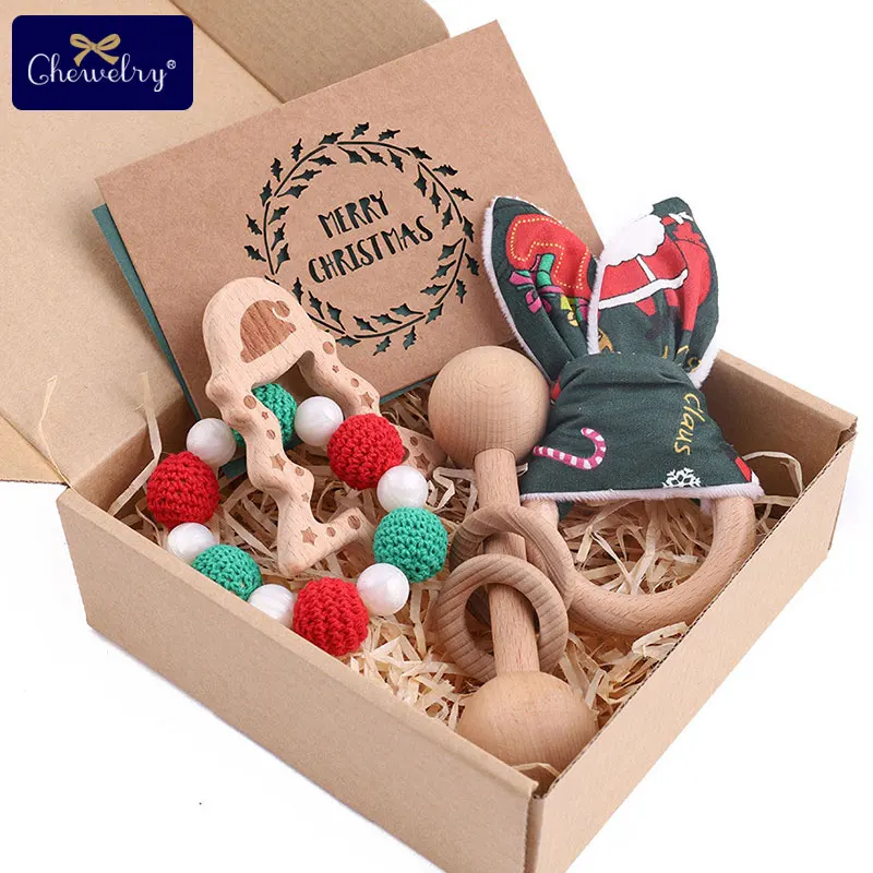 

1Set Baby Teether Christmas Tree Crochet Beads Pendant Baby Rattle Toys Rabbit Ears Bracelet Gifts Beech Wood Ring For Kid Gifts