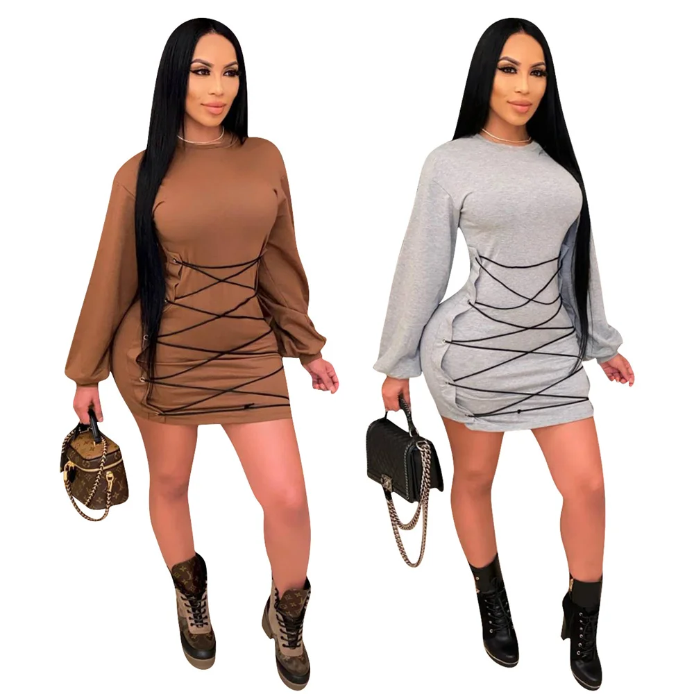 

Bandage Womens Dresses Long Sleeve O Neck Solid Sexy Woman Dress Casual Female Vestido Clothing