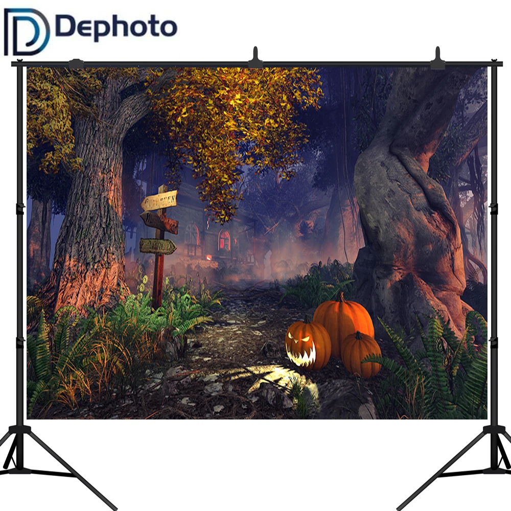 

Dephoto Halloween Pumpkin Photography Backdrops Haunted House Forest Banner Portrait Photoshoot Photo Booth Background Props