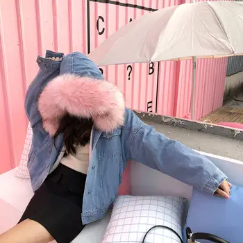 

Women plus velvet thick winter hooded denim jacket large fur collar short denim cotton suit