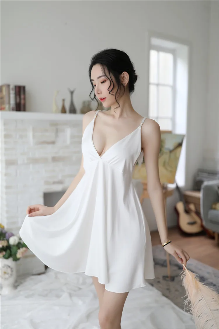 Сексуальная Женская одежда для сна, атласная Вышивка, глубокий v-образный вырез, ночная рубашка, наборы, Сексуальное вечернее искушение, крылья ангела, высокое качество - Цвет: Белый