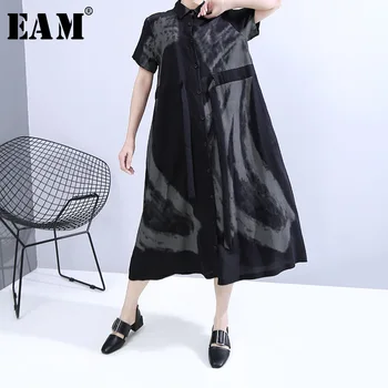 

[EAM] Women Black Printed Bandage Long Shirt Dress New Lapel Short Sleeve Loose Fit Fashion Tide Spring Summer 2020 1T854