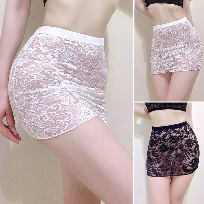 

Mini Lace Transparent Thin See-through Skirt Women Fashion Unlined Small Skirt Black White Female Hollow Mesh Hip Skirt