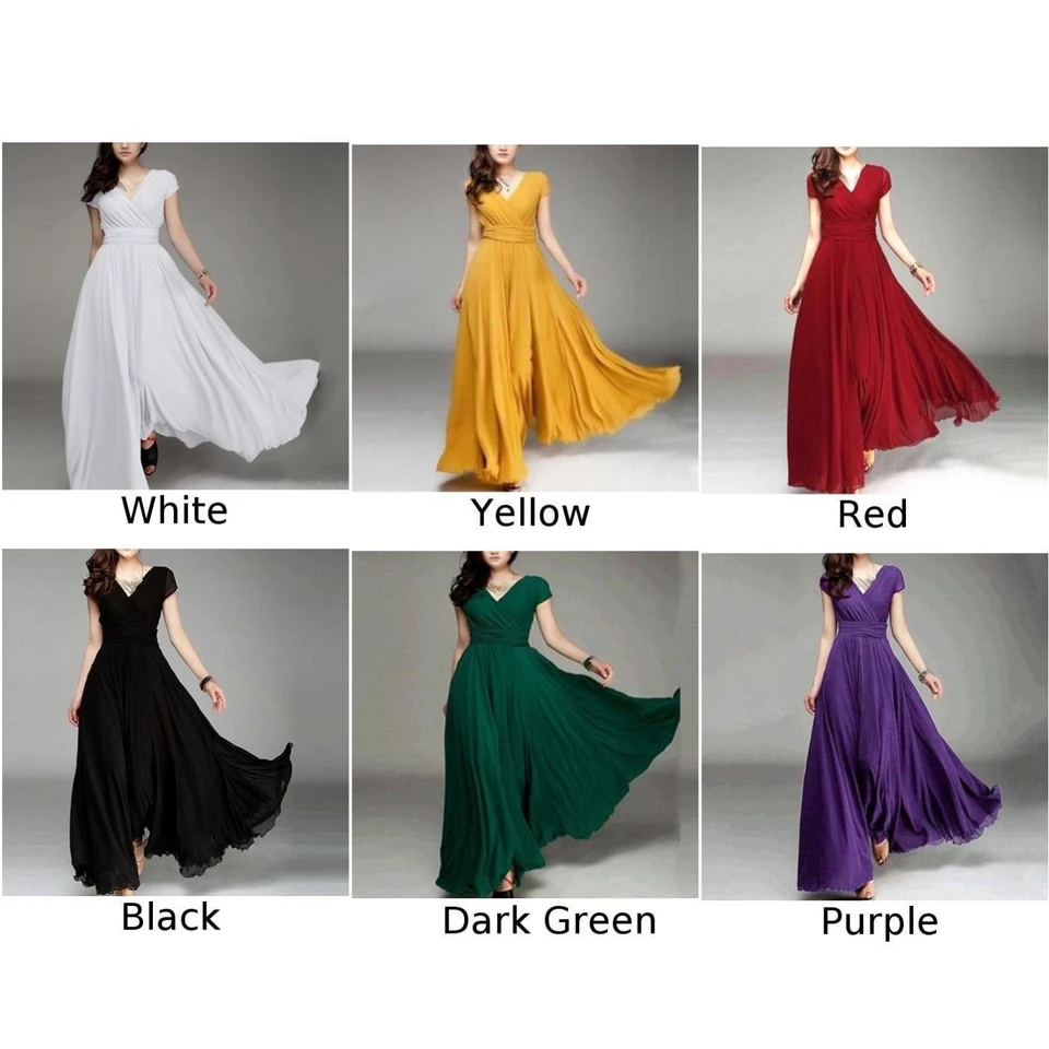 elegant pure color short sleeves maxi dress
