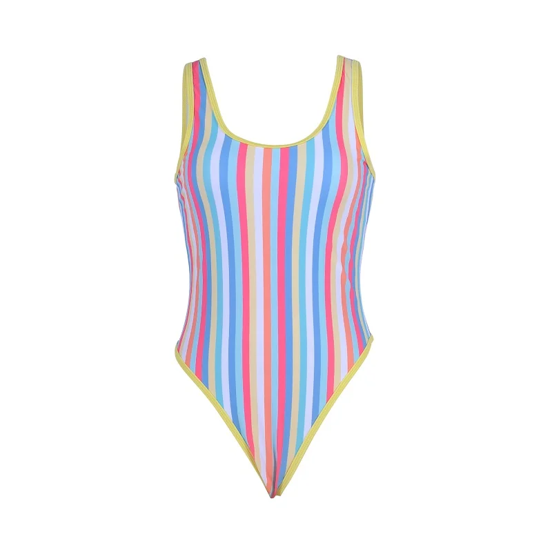 WERIDEDIRT 2020 New Arrival Sexy Women's One Pieces Swimsuit With High Elastic Color Stripe Geometry Suspender and Open Back