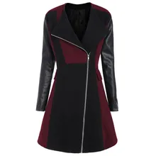 Модное кожаное лоскутное зимнее Теплое повседневное пальто для женщин элегантное шерстяное пальто на молнии с длинным рукавом Верхняя одежда abrigo mujer