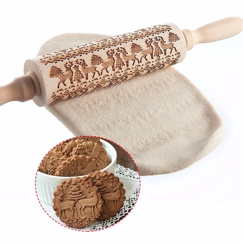 

Christmas Embossing Rolling Pin Wooden Baking Cookie Biscuit Tool Fondant Cake Pastry Tools Wood Roller Reindeer Roll Reposteria