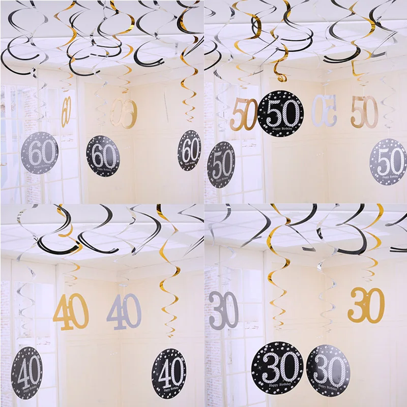 

18/21/30/40/50/60/70/80/90 th Year Olds DIY Black Gold Spiral Ornaments Adult Birthday Anniversary Bunting Party Decorations