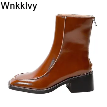 

Chunky mid heel short boots women square toe leather runway ankle boots Autumn winter shoes 2020 british style chelsea botas