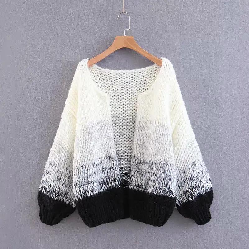 

Autumn stylish Warm knitted sweater women Gradient color cardigan lantern sleeve top chic lady casual Handmade sweater femme