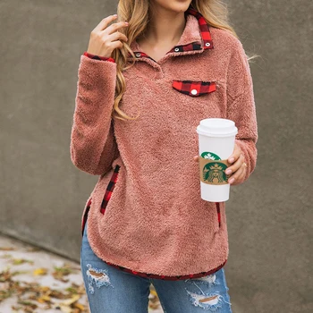 

Women Gray Red Plaid Hoodies Pullovers England Style Autumn Winter Sweatshirts Turn Down Collar Front Pockets Wool Fleece