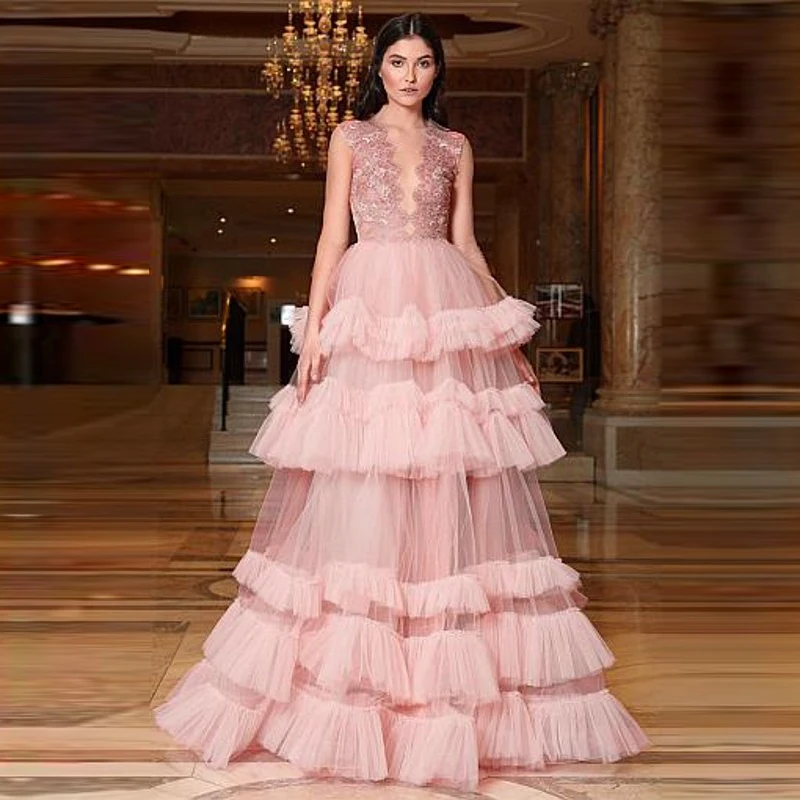 

High End Long Evening Gowns 2020 vestido longo abiye Tiered Party Dress robe de soiree Gorgeous Prom Gown Tulle Pink Applique