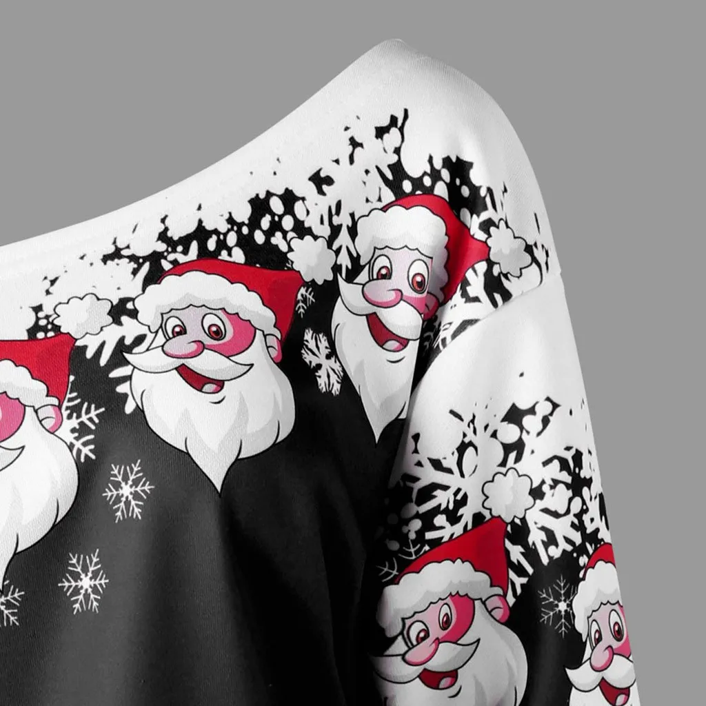 Рождественская блузка, рубашки, повседневные, размера плюс, для женщин, с рождественским принтом Санта Клауса, с косой горловиной, свитер, пуловер, женская блуза
