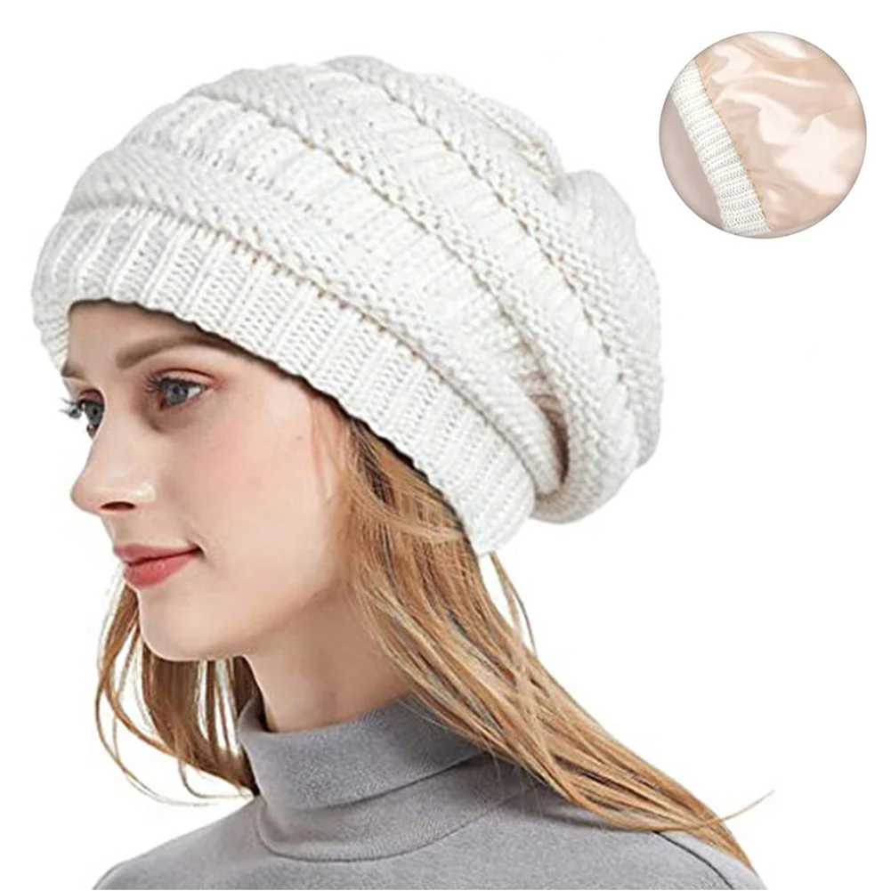 Winter Knit Beanie Hats for Women Silk Satin Lined Chunky