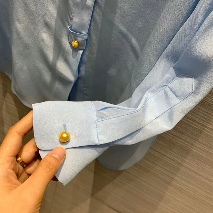 Early Autumn New Fashion Sweet Girly Style Tie- Bow Silk Shirt Women Two Color Blue White Free Shipping