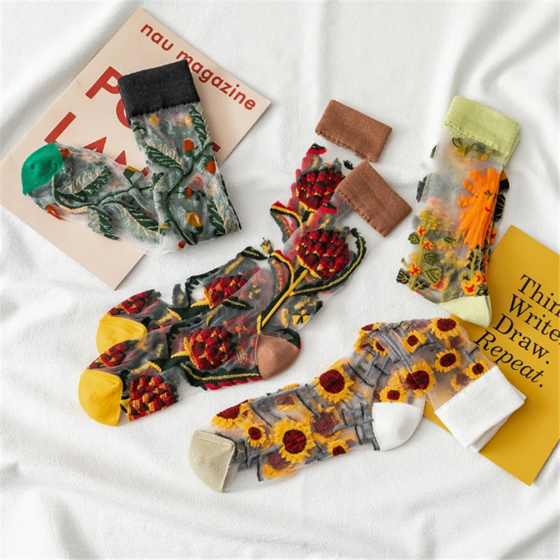 

Breathable Thin Women Socks Spring Summer Flower Novelty Harajuku New 2021 Crystal Silk Sunflowers Happy Sock Women High Quality