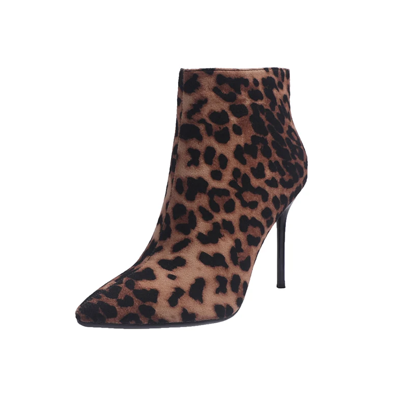 

Women's Fashion Leopard Suede Ankle High Heel Boots Sexy Pointed Toe Feminine Boots Slip On Basic Ankle Boots