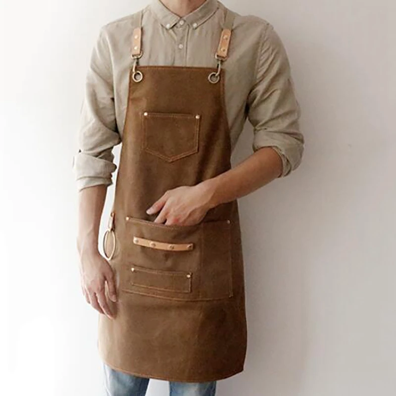 BBQ Apron Bib Chef Kitchen Apron Female Men Barista Bartender Pocket Family Barber Chef Coffee Restaurant