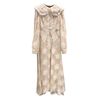 

Women Midi Dress Lace Peter Pan Collar Embroidered Stitching Long-sleeved High Waist Dresses with Buttons Female Clothes