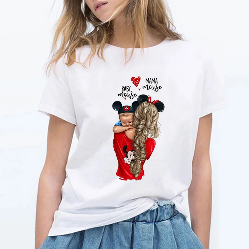 

White Short Sleeve T-shirt Ulzzang Harajuku Kawaii Women Mama Holding Kid Print Tshirt Korean Style Women Oversized T Shirt