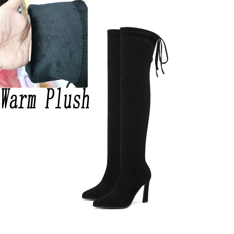 Женские теплые сапоги выше колена замшевые на высоком каблуке 9 см синие зимние
