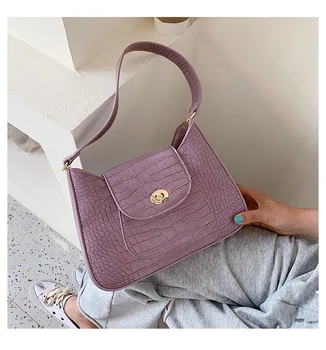 

Purple Crocodile Baguette shape Bags 2020 Popular New PU Leather Shoulder bags Underarm bags Fashion luxury tote bag