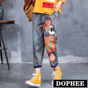 

Mom Jeans Vintage Loose Cartoon Patch Embroidered Jeans Female Elastic Waist Retro Bronzing Paint Denim Ankle Harem Pants
