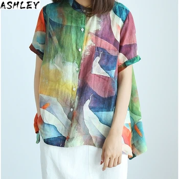 

Femme Streetwear Top Shirt Loose Multicolor Printed Summer Style Retro Casual Blouse Linen Breathable Button Women Tops Blusas