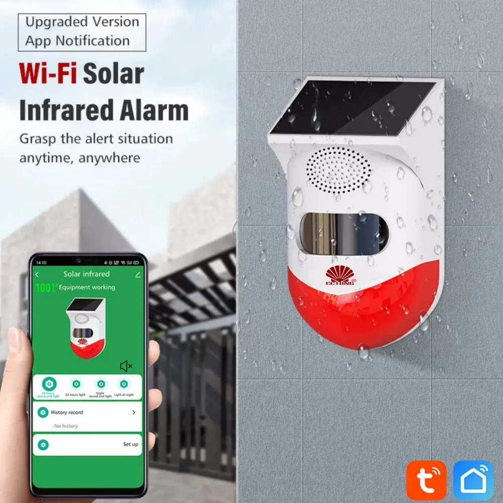 Solar Powered Infrared Motion PIR Sensor Detector Strobe Siren With Standalone & RF433 Wireless Control & WIFI TUYA Mobile Alarm