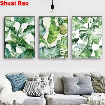 

Green tropical plant leaves diamond painting 3 Pieces full square round 5d diy diamond embroidery mosaic Nordic painting decor,
