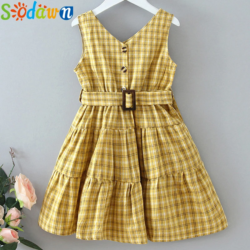 

Sodawn 2020 Girls Dress Summer Brand New Dress Button Vest V-neck Check Sleeveless Princess Dress Girl Baby Toddler Dress