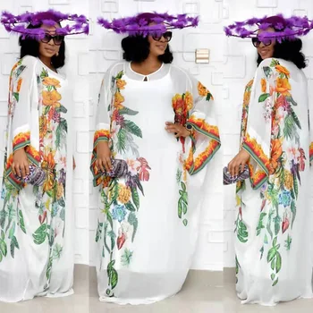 

Elegant Print Chiffon Dashiki Dress Bat Sleeve African Bazin South Africa Muslim Abaya Maxi Robe Gowns Sexy Lady Party Djellaba