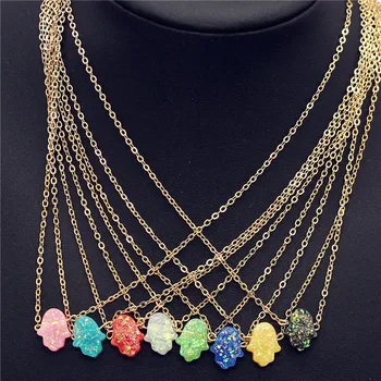 

Trendy Blue Opal Hamsa Necklace for Women Jewelry Gifts 2020 New Gold Chain Fatima Hand Pendant Choker Necklace Collier Femme